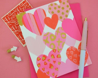 Pretty Hearts, Happy Valentine's Day, Set of FOUR Folded Note Cards, Stationery, Love Note, Heart, Hand-lettered, xoxo, hugs and kisses