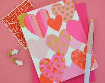 Pretty Hearts, Happy Valentine's Day, Set of FIVE Folded Note Cards, Stationery, Love Note, Heart, Hand-lettered, xoxo, hugs and kisses