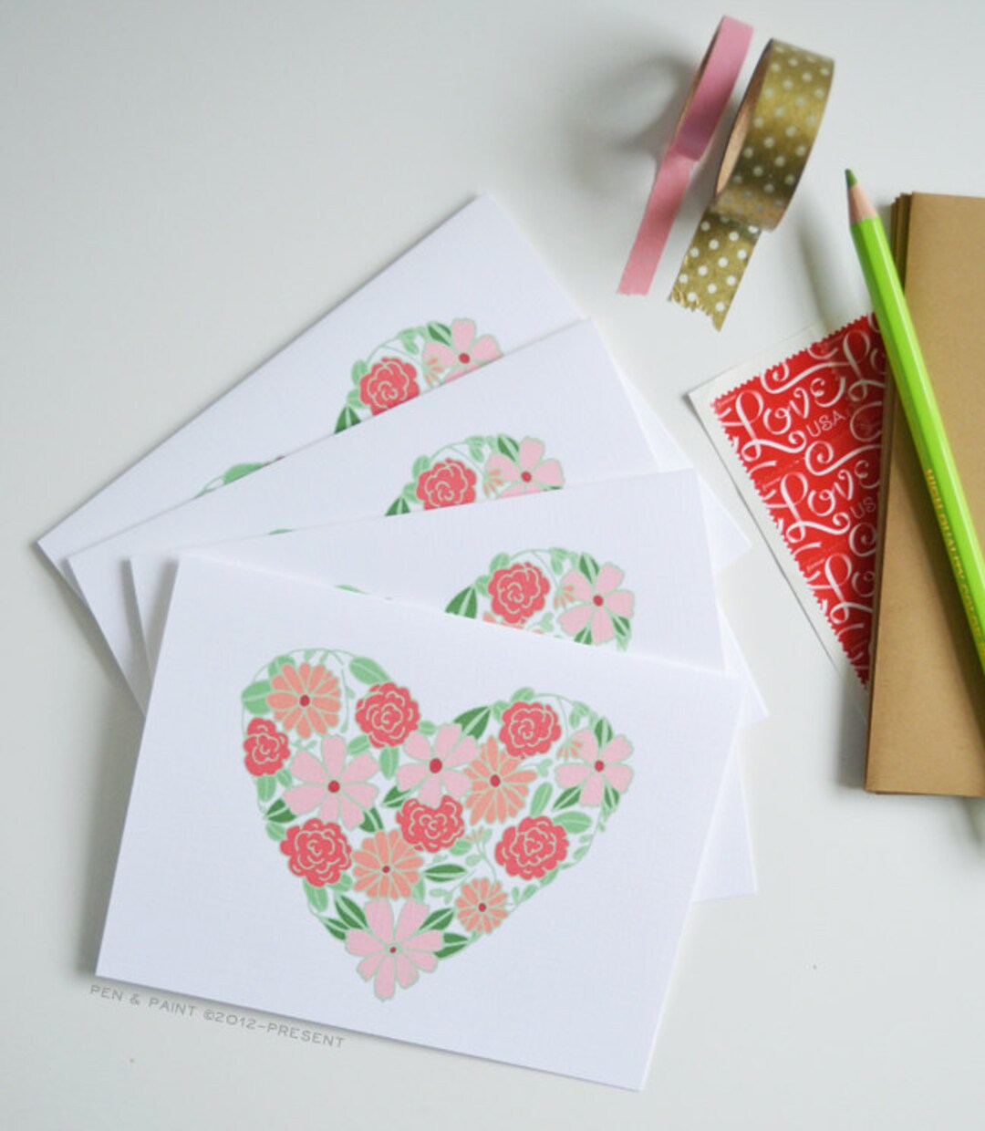 Set of FOUR Floral Folded Note Cards, Valentine, Stationery, Hand Drawn ...