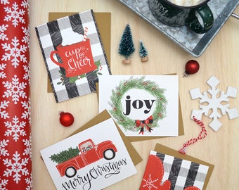 Set of four, Cup of Cheer, Merry Christmas, Let it snow, Joy, Red Vintage truck, Christmas tree, seasonal Folded Note Cards, Holiday Cards