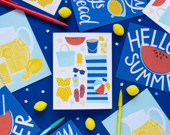 Hello SummerPostcard Set, 8 postcards, Sunny Days Ahead, Summer Favorites, Happy Mail, Post card, lemonade, sunshine, planner cards