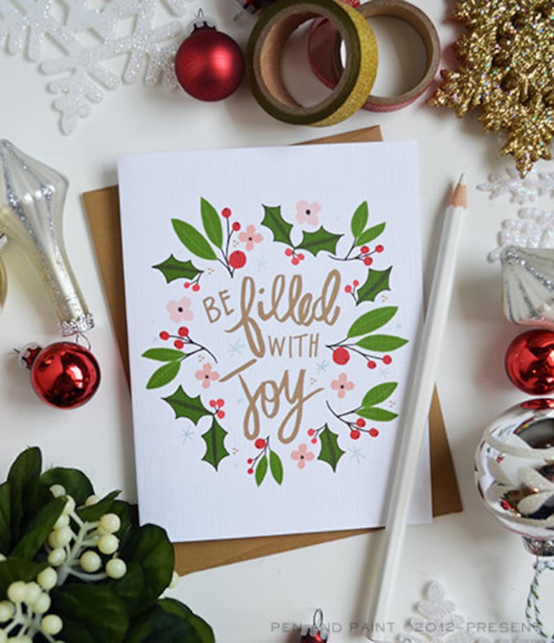 Be Filled with Joy, seasonal Folded Note Cards, Christmas, Stationery, Hand Drawn, Illustration, Holiday, Notecards, Greeting Cards image 1