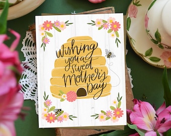 Wishing you a Sweet Mother's Day, Beehive, Happy Mother's, Floral Mother's Day Card, Flowers, Pretty, Hand Drawn, I love you mom, Mama Momma