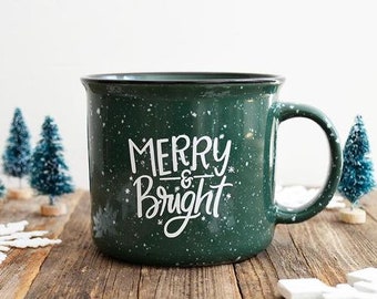 IMPERFECT Holiday Christmas Mug, Green Campfire Mug, Ceramic Mug, Merry & Bright, Hand Lettered Mug, Camper Mug, have a cup of cheer