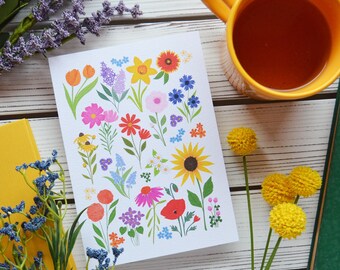 Wildflower, Art Print, Wildflower Study, Hand-drawn, Floral, Flowers, Spring, Summer, Sign, Nursery Art, Girls room, Sunflower, Daisy, Poppy