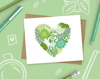 Succulent heart, Plant Lover, plant lady, garden, house plants, grow, heart, green thumb, Thinking of you, Fun Stationery