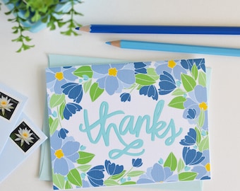 Danke, Danke, Blumen, Blumen, Garten, Frühling, Illustration, Notecards, Grußkarte, handgeschrieben