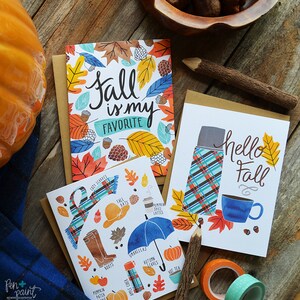 Hello Fall, Fall Favorites, Happy Fall seasonal Folded Note Cards, Autumn, Stationery, Hand Drawn, Illustration, Greeting Cards, Watercolor zdjęcie 1
