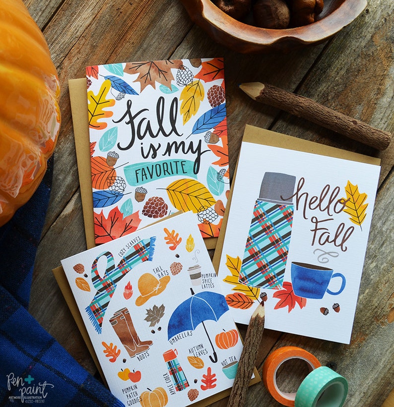 Hello Fall, Fall Favorites, Happy Fall seasonal Folded Note Cards, Autumn, Stationery, Hand Drawn, Illustration, Greeting Cards, Watercolor image 1