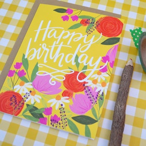 Happy Birthday, yellow, pretty floral birthday card, Celebrate Birthday Card, painted flowers, Greeting Card, hand lettered, wildflowers image 4