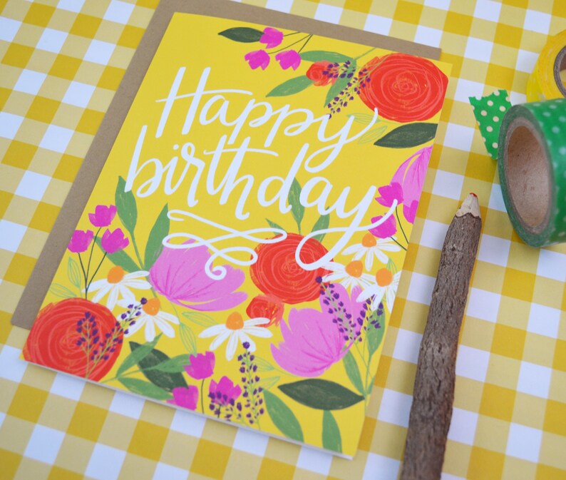 Happy Birthday, yellow, pretty floral birthday card, Celebrate Birthday Card, painted flowers, Greeting Card, hand lettered, wildflowers image 4