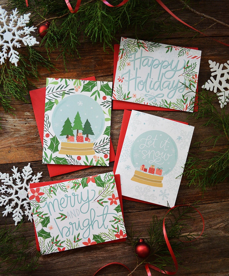 Set of four Christmas cards, Let it snow, Merry and Bright, Happy Holidays, Snow Globe, Holiday Cards, Holly, Mistletoe, Merry Christmas image 1