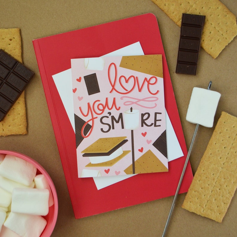 I love you S'more, S'mores, Happy Valentine's Day, Galentine, Valentine, Happy Galentine's Day, hand lettering, silly, love, cute, chocolate image 1
