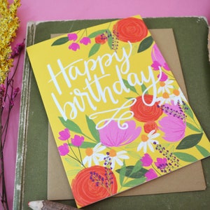 Happy Birthday, yellow, pretty floral birthday card, Celebrate Birthday Card, painted flowers, Greeting Card, hand lettered, wildflowers image 5