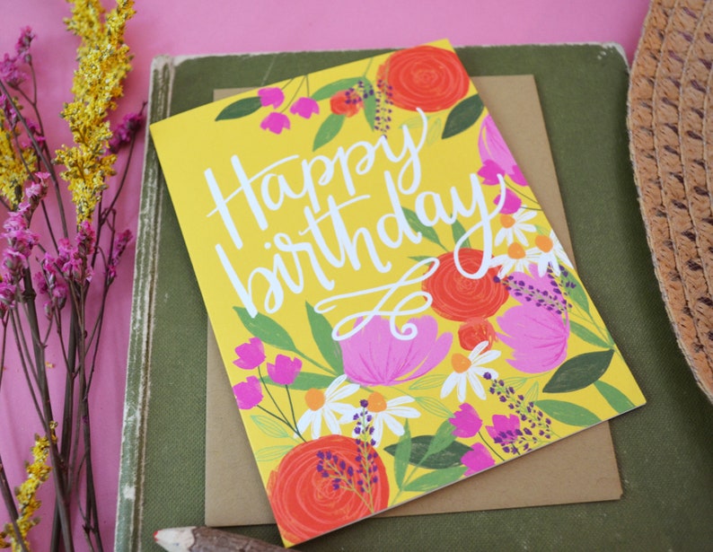 Happy Birthday, yellow, pretty floral birthday card, Celebrate Birthday Card, painted flowers, Greeting Card, hand lettered, wildflowers image 5