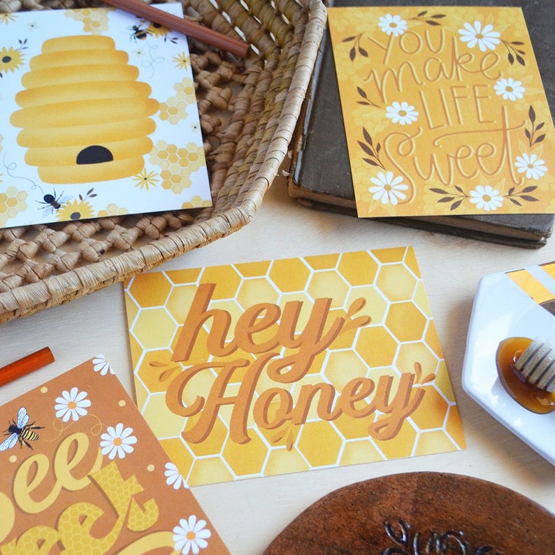 Hey Honey Postcard Set, 8 postcards, Bee sweet, beehive, honeycomb Thinking of you, Summer, Happy Mail, Post card, postcards, planner cards image 3