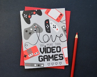 Happy Valentine's Day, Valentine, I love you more than video games, boys valentine, kids valentine, Hand Drawn, hand lettering, video game