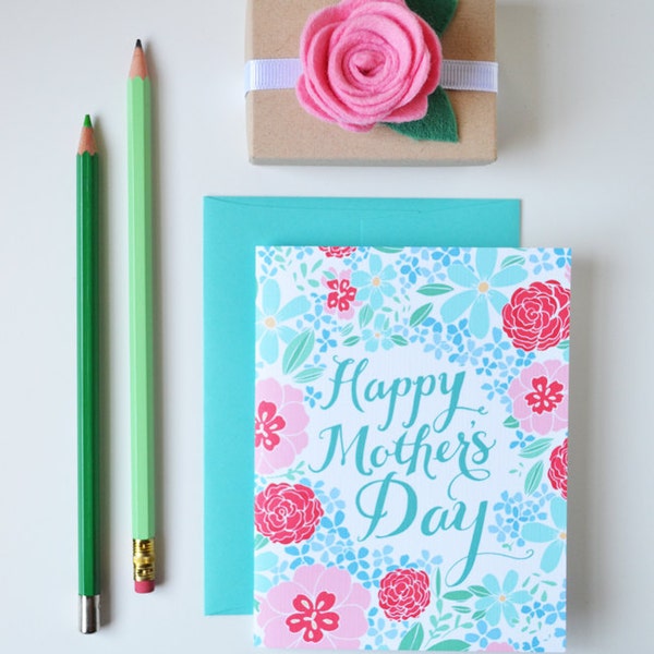 Tarjeta del Día de la Madre Floral, Azul y Rosa, Bonita, Floral, Papelería, Dibujado a mano, Ilustración, Flores, Flora, Tarjetas de Notas