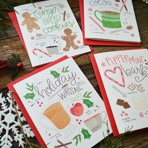 Holiday treats, Gingerbread cookies, hot cocoa, peppermint bark, holiday wassail, recipe illustration Merry Christmas, set of four cards image 2
