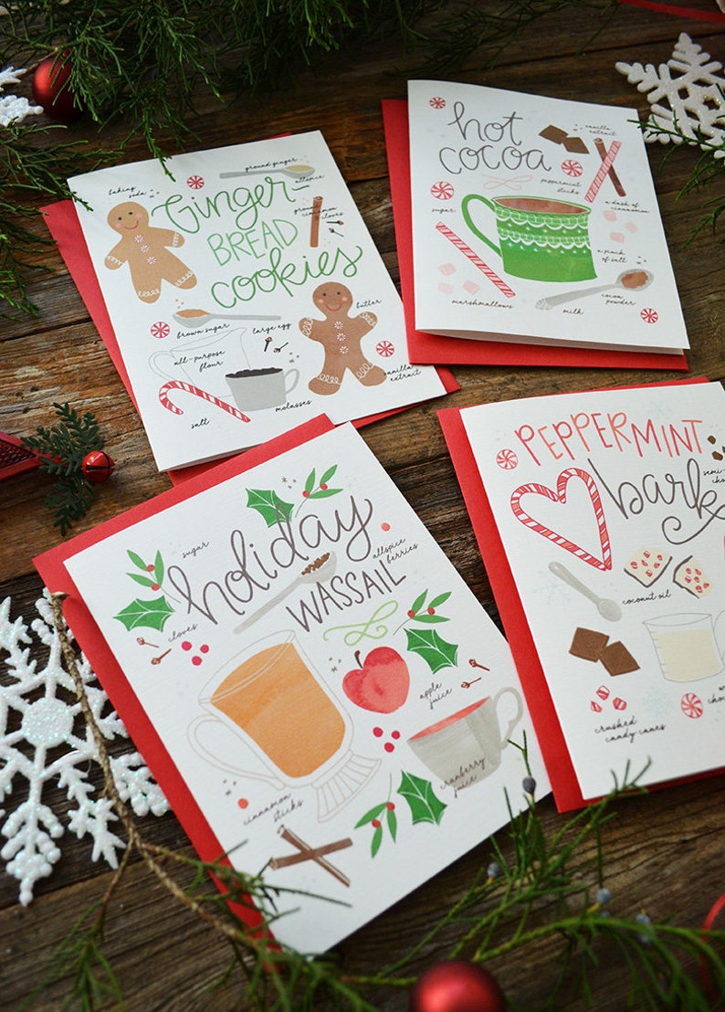 Holiday treats, Gingerbread cookies, hot cocoa, peppermint bark, holiday wassail, recipe illustration Merry Christmas, set of four cards image 2