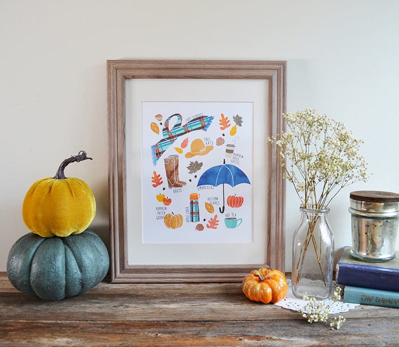 ON SALE Fall Favorites Art print, Fall Art, Happy Fall, Seasonal Decor, Pumpkins, Scarf, Pumpkin Spice, Apples, Fall Decor, leaves image 2