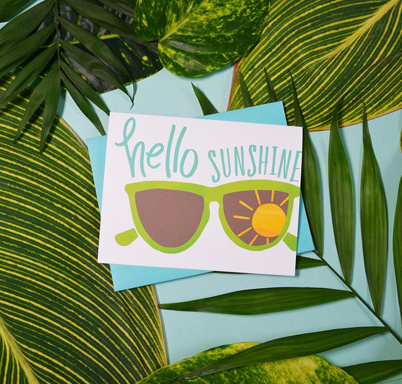 Hello Sunshine, Sunglasses, Summer Vibes, Watercolor, Beach, Sunny, Fun Stationery, Sunnies, Happy Summer, greeting card, illustration image 1