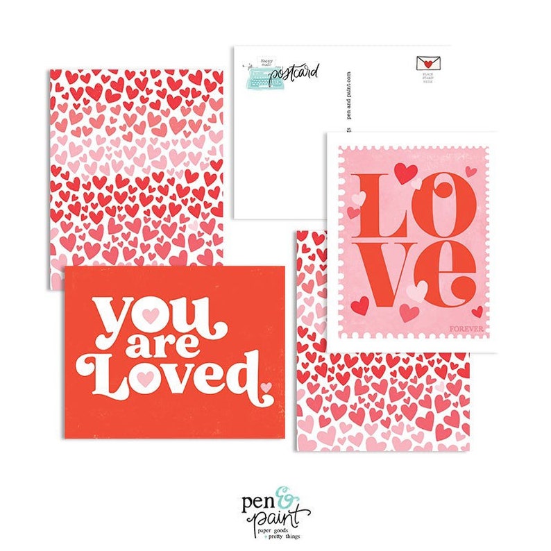 Valentine Galentine Postcard Set, 8 postcards, You are loved, Thinking of you, Happy Mail, Post card, LOVE Stamp, hearts, planner cards image 4