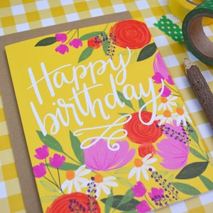 Happy Birthday, yellow, pretty floral birthday card, Celebrate Birthday Card, painted flowers, Greeting Card, hand lettered, wildflowers image 2