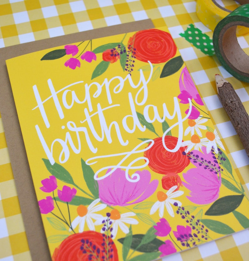 Happy Birthday, yellow, pretty floral birthday card, Celebrate Birthday Card, painted flowers, Greeting Card, hand lettered, wildflowers image 2