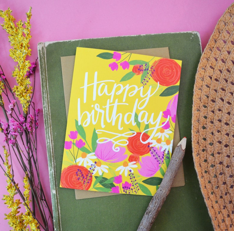 Happy Birthday, yellow, pretty floral birthday card, Celebrate Birthday Card, painted flowers, Greeting Card, hand lettered, wildflowers image 3