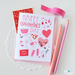 Happy Galentine's Day, BFF, February 13, Girl stuff, Best Friend, Folded Note Cards, Stationery, Heart, Pink, Girl's Night, Chocolate, Wine image 2