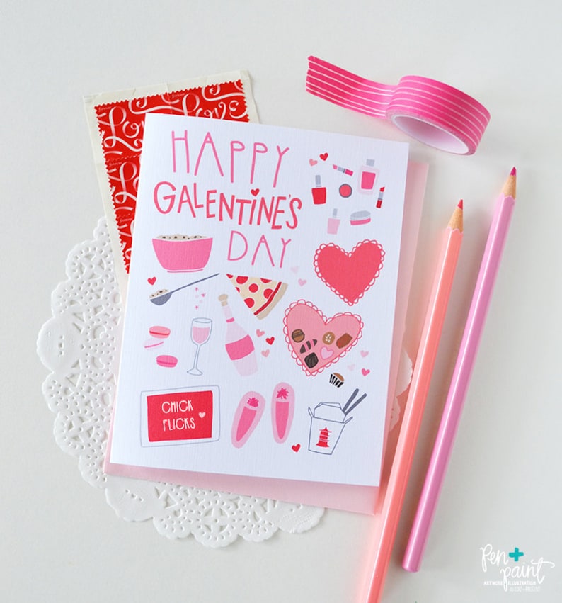 Girl/'s Night Folded Note Cards February 13 Stationery Happy Galentine/'s Day Best Friend Girl stuff BFF Chocolate Heart Wine Pink