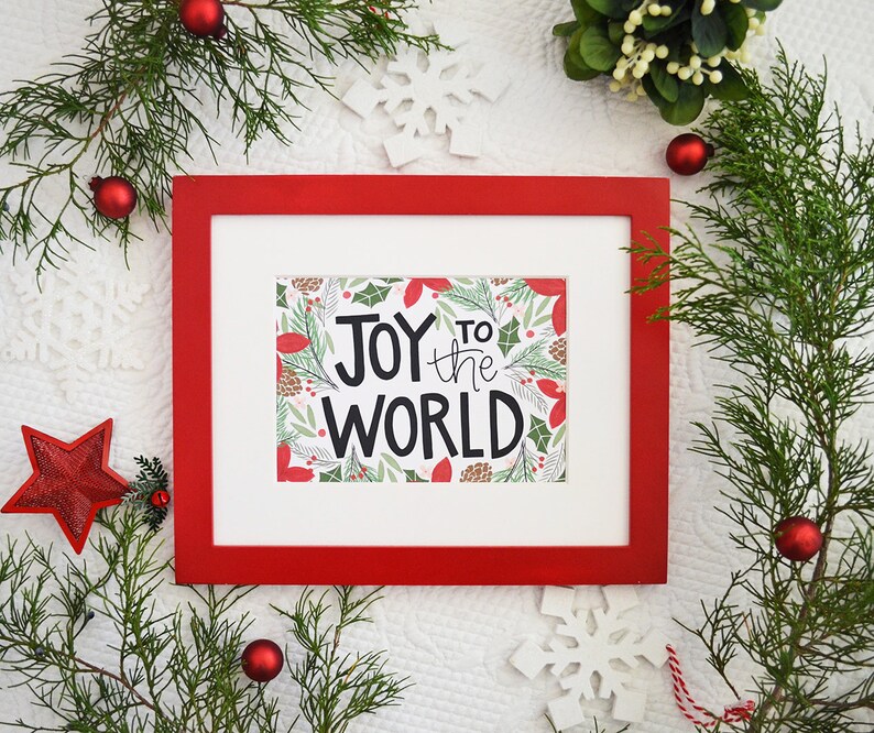 Joy to the World Christmas Art Print Seasonal Decor, Holiday decor, Wreath, Merry Christmas, Poinsettia, Holly, Watercolor Illustrated print image 1