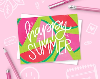 Happy Summer, Watermelon, Summer Vibes, Beach, Sunny, Fun Stationery, Summertime, greeting card, illustration, Sweet