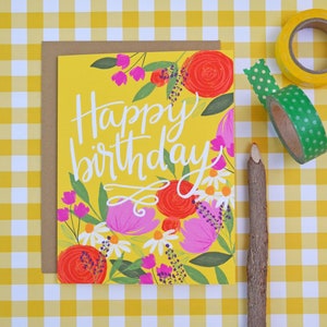 Happy Birthday, yellow, pretty floral birthday card, Celebrate Birthday Card, painted flowers, Greeting Card, hand lettered, wildflowers image 6