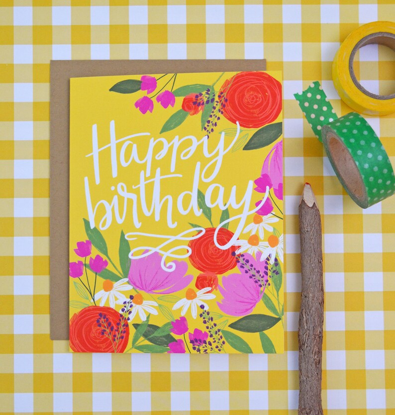 Happy Birthday, yellow, pretty floral birthday card, Celebrate Birthday Card, painted flowers, Greeting Card, hand lettered, wildflowers image 6