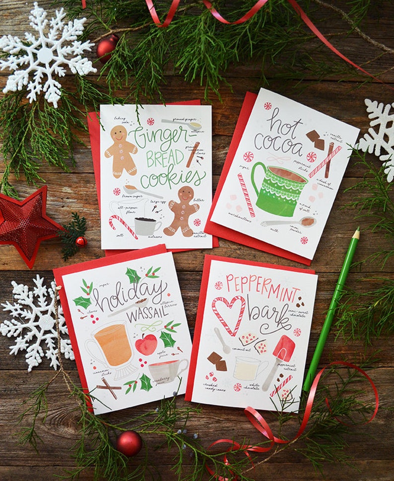 Holiday treats, Gingerbread cookies, hot cocoa, peppermint bark, holiday wassail, recipe illustration Merry Christmas, set of four cards image 1