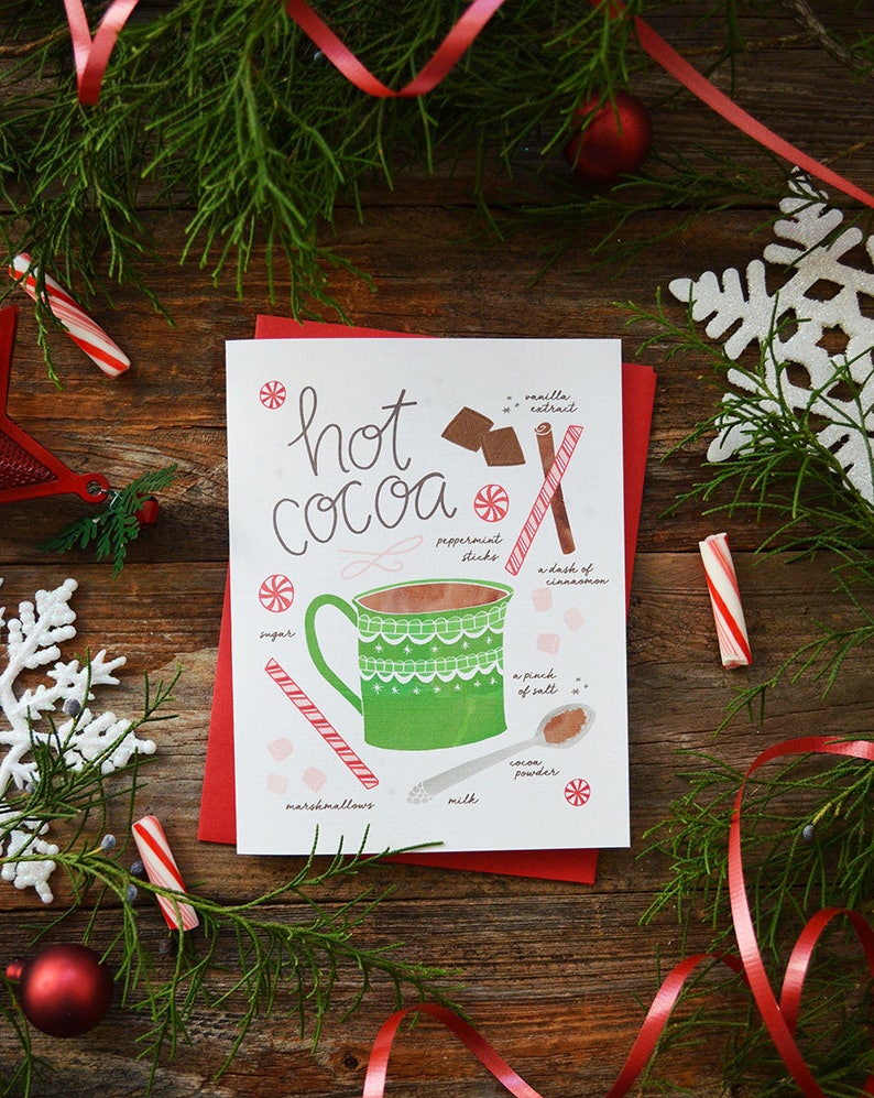 Holiday treats, Gingerbread cookies, hot cocoa, peppermint bark, holiday wassail, recipe illustration Merry Christmas, set of four cards image 3