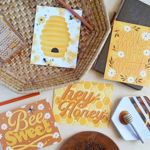 Hey Honey Postcard Set, 8 postcards, Bee sweet, beehive, honeycomb Thinking of you, Summer, Happy Mail, Post card, postcards, planner cards image 1