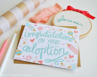 Congratulations on your adoption, Welcome Little One, Baby Shower, Baby gift, Illustration, Greeting Card, Handlettered