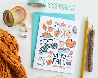 Happy Fall seasonal Folded Note Cards, Autumn, Stationery, Hand Drawn, Illustration, Thanksgiving, Notecards, Greeting Cards