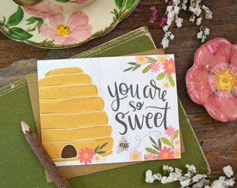 You are so sweet, honeybee, beehive, summer, Thanks, Thank you, you're the best, bee happy, floral greeting card, you are the sweetest