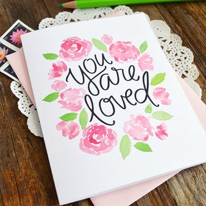Valentine, You are loved, Sweet floral Valentines Day Card, Stationery, Hand Drawn, Illustration, Holiday, Notecards, Greeting Cards image 2