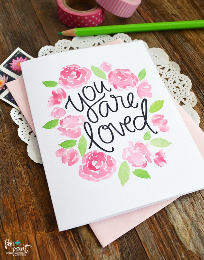 Valentine, You are loved, Sweet floral Valentines Day Card, Stationery, Hand Drawn, Illustration, Holiday, Notecards, Greeting Cards image 2