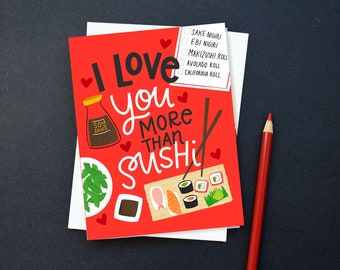 I love you more than sushi, Happy Valentine's Day, Galentine Valentine, Stationery, Happy Galentine's Day, hand lettering, silly, love