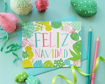 Feliz Navidad, Merry Christmas, Greeting Card, Colorful Christmas cactus, Seasonal Folded Note Card, succulents, Hand Drawn, Happy Holidays