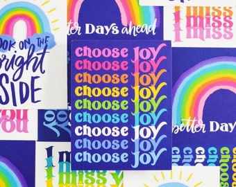 Kies Joy Postcard Set, 8 ansichtkaarten, Better Days Ahead, Ik mis je, Kijk op de Bright kant, Happy Mail, Post kaart, regenboog, planner kaarten