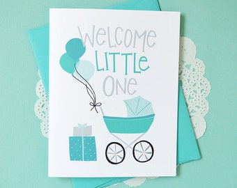 Welcome Little One, It's a Boy, Baby Shower Baby gift, Baby Boy, Illustration, Greeting Card, Blue Balloons, oh boy, baby carriage, stroller