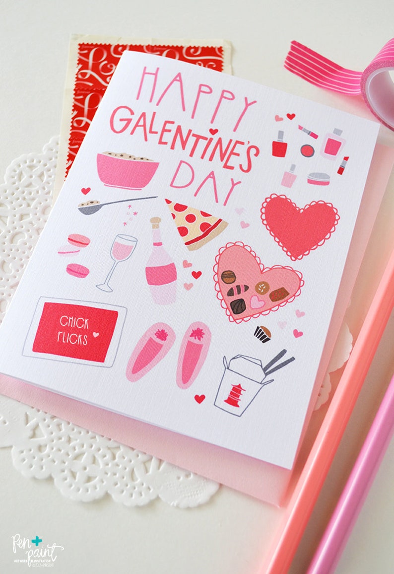 Happy Galentine's Day, BFF, February 13, Girl stuff, Best Friend, Folded Note Cards, Stationery, Heart, Pink, Girl's Night, Chocolate, Wine image 3