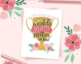 Happy Mother's Day to the World's Greatest Mother-in-Law, Mother's Day Card Floral, Best Mom Ever, Greeting Card, Unique, Mother in law